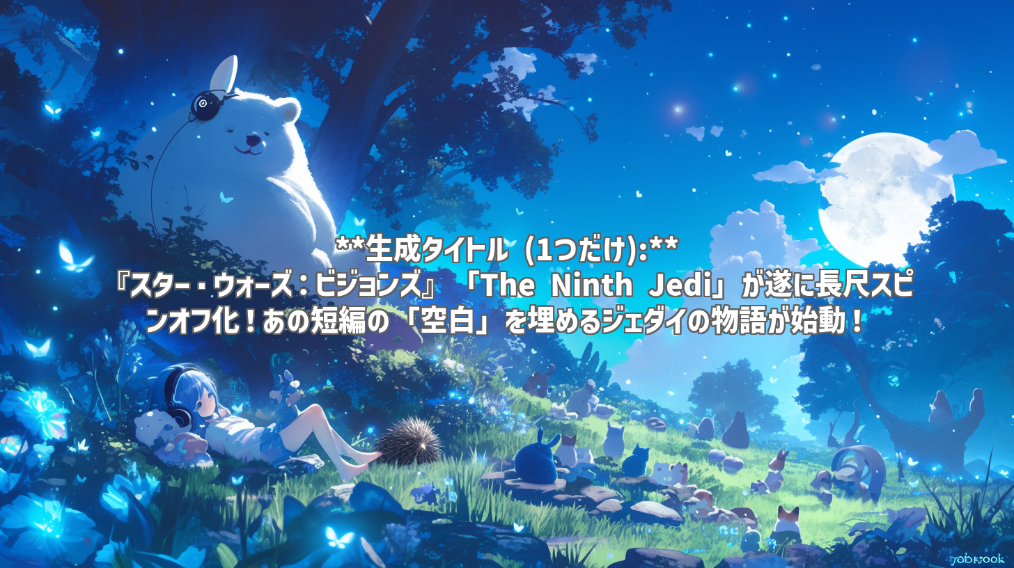 **生成タイトル (1つだけ):** 『スター・ウォーズ：ビジョンズ』「The Ninth Jedi」が遂に長尺スピンオフ化！あの短編の「空白」を埋めるジェダイの物語が始動！