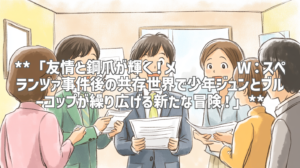 **「友情と鋼爪が輝く！メ탈카드봇W：スペランツァ事件後の共存世界で少年ジュンとブルーコップが繰り広げる新たな冒険！」**